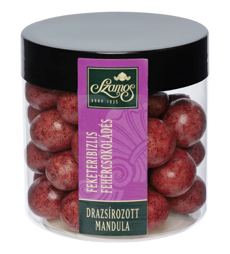 Drazsírozott mandula - Fekete ribizlis fehércsokoládés 130g