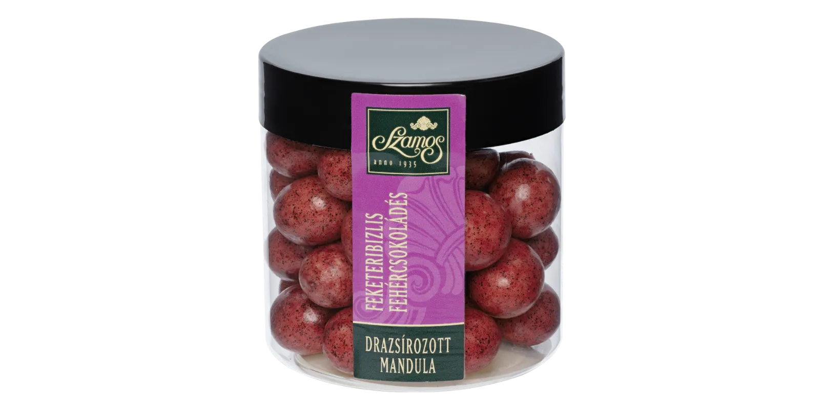 Drazsírozott mandula - Fekete ribizlis fehércsokoládés 130g